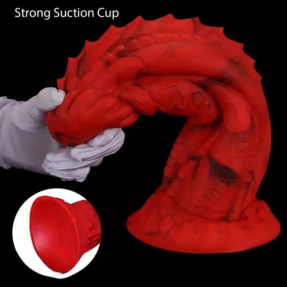 Red and black textured silicone dragon dildo, photo 5