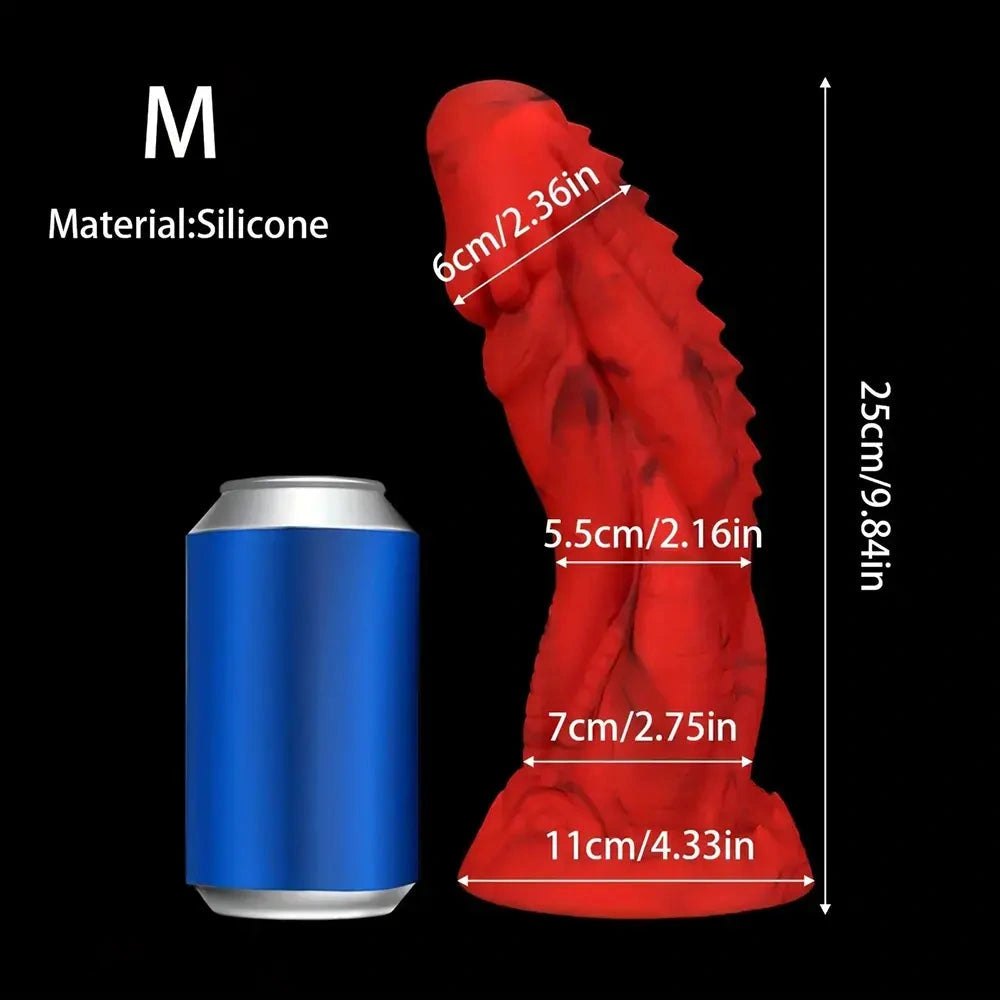 Red and black textured silicone dragon dildo, photo 8