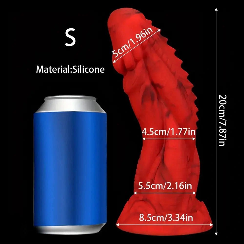 Red and black textured silicone dragon dildo, photo 9