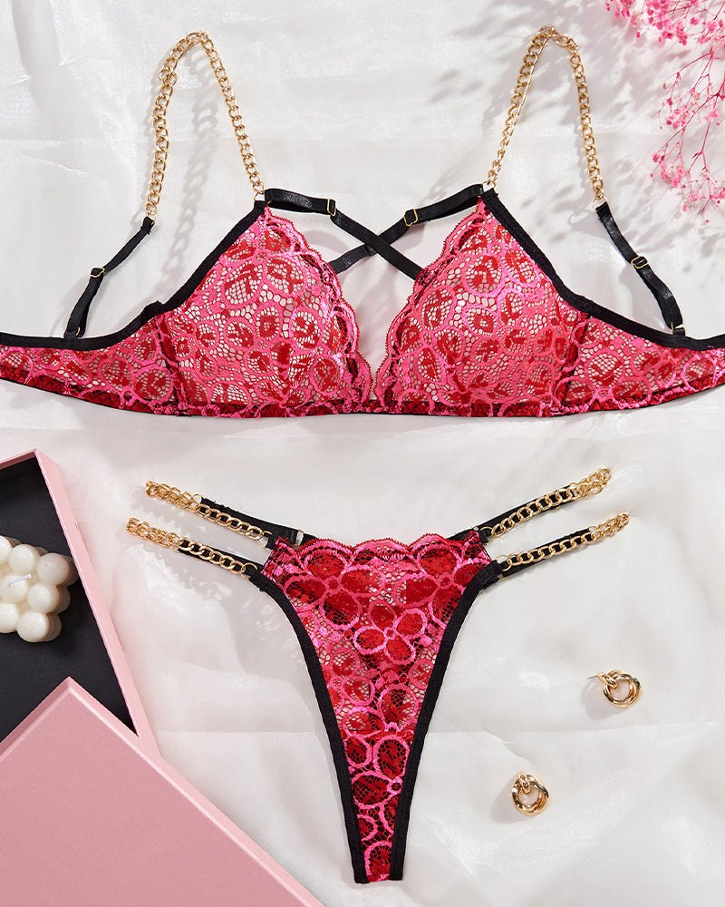 Red floral lace chain bra panty set, photo 4