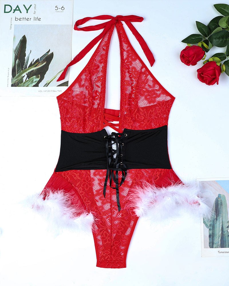 Red floral lace fuzzy trim christmas bodysuit, photo 6