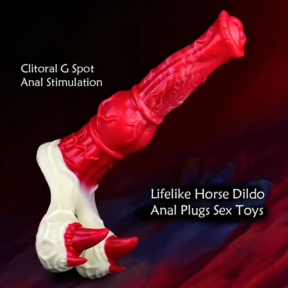 Red and white knotted silicone horse style dildo, photo 2