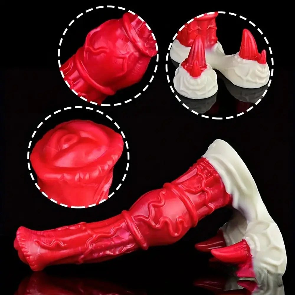 Red and white knotted silicone horse style dildo, photo 7