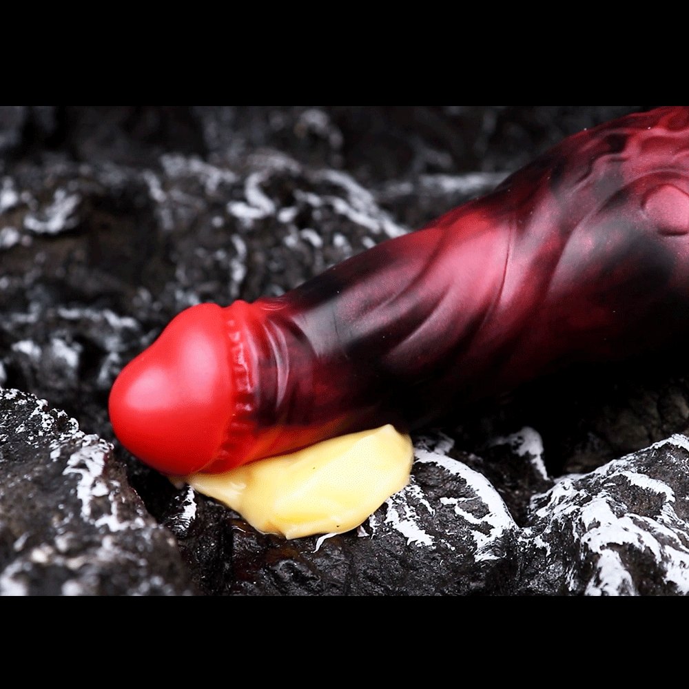 Red and black marbled silicone knot dildo with finger loop, photo 10