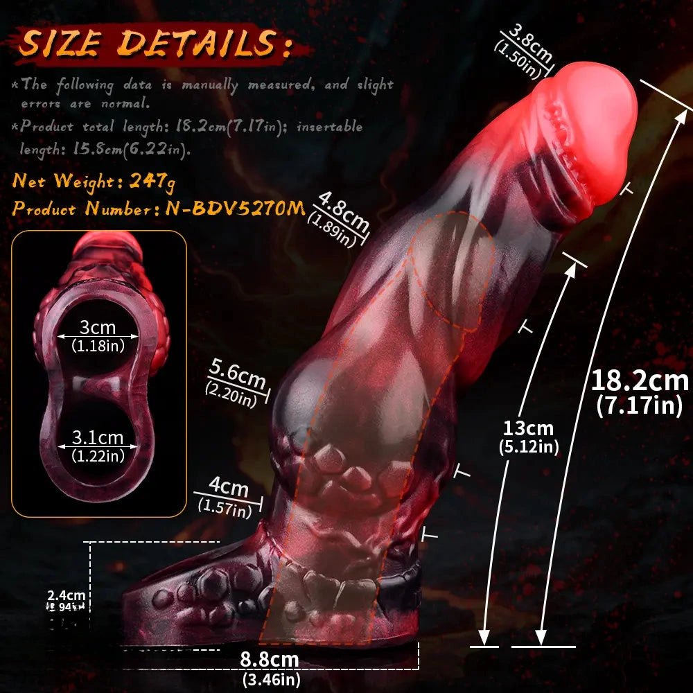 Red and black marbled silicone knot dildo with finger loop, photo 13