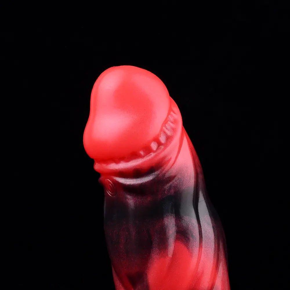 Red and black marbled silicone knot dildo with finger loop, photo 14
