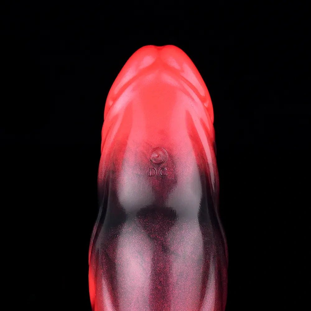 Red and black marbled silicone knot dildo with finger loop, photo 15