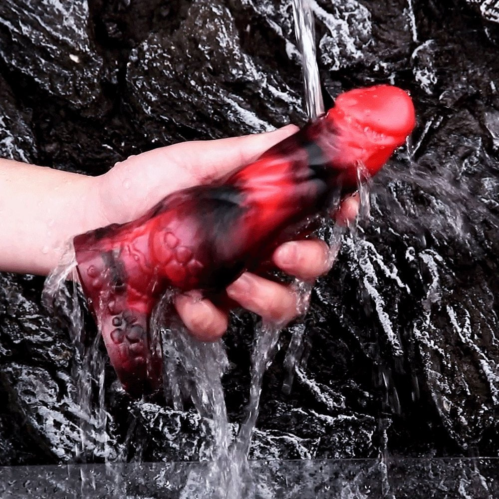 Red and black marbled silicone knot dildo with finger loop, photo 2