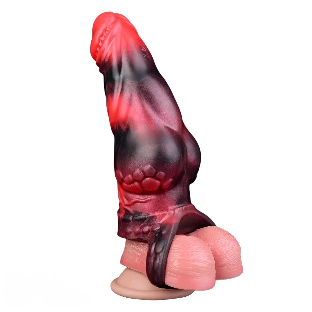 Red and black marbled silicone knot dildo with finger loop, photo 3
