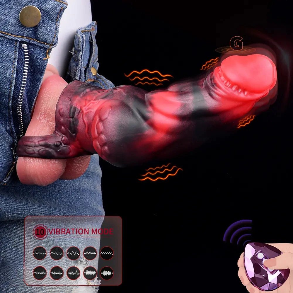 Red and black marbled silicone knot dildo with finger loop, photo 4