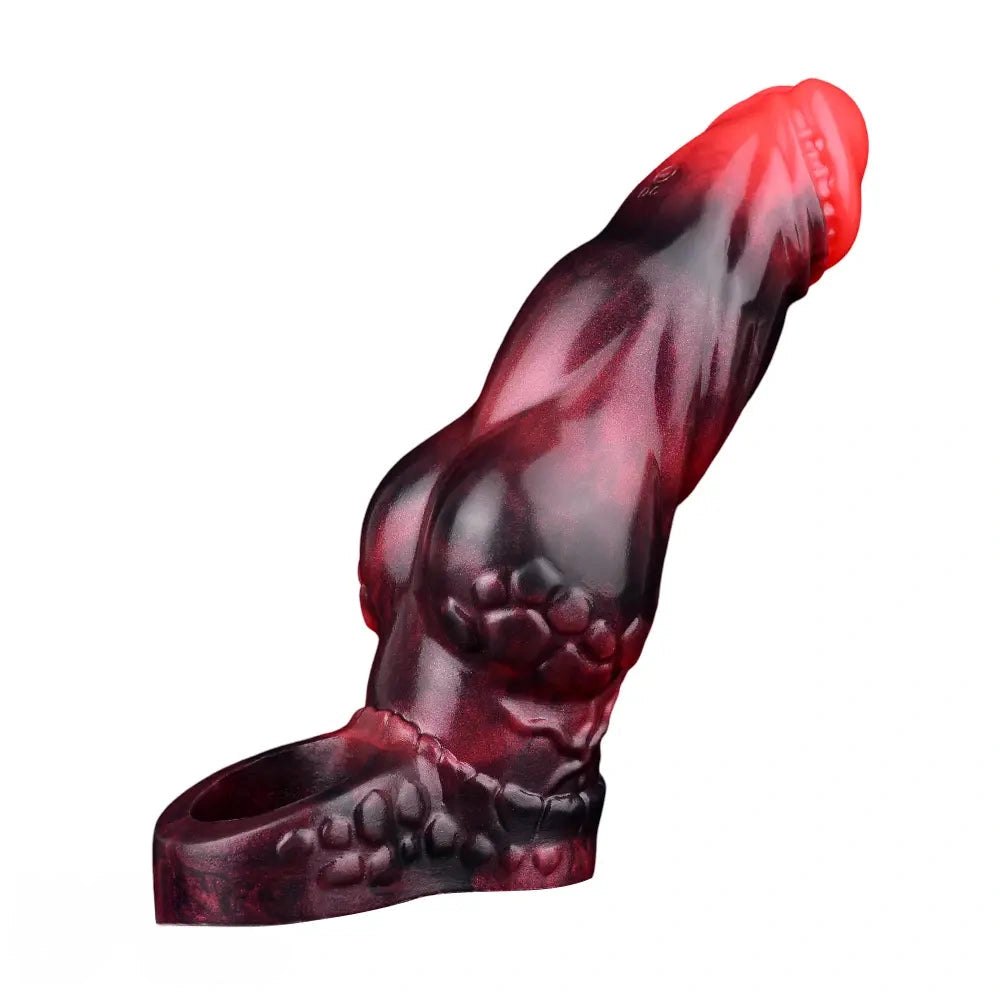 Red and black marbled silicone knot dildo with finger loop, photo 5