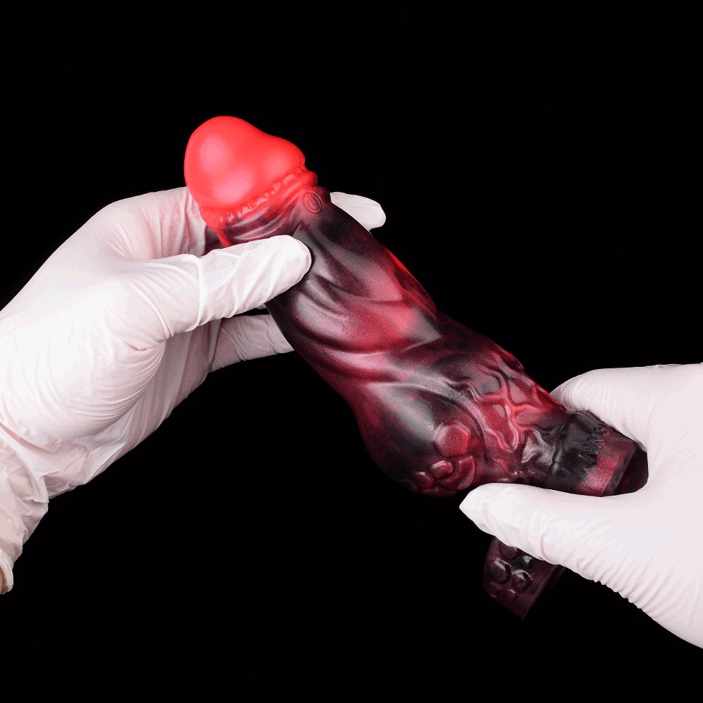 Red and black marbled silicone knot dildo with finger loop, photo 7