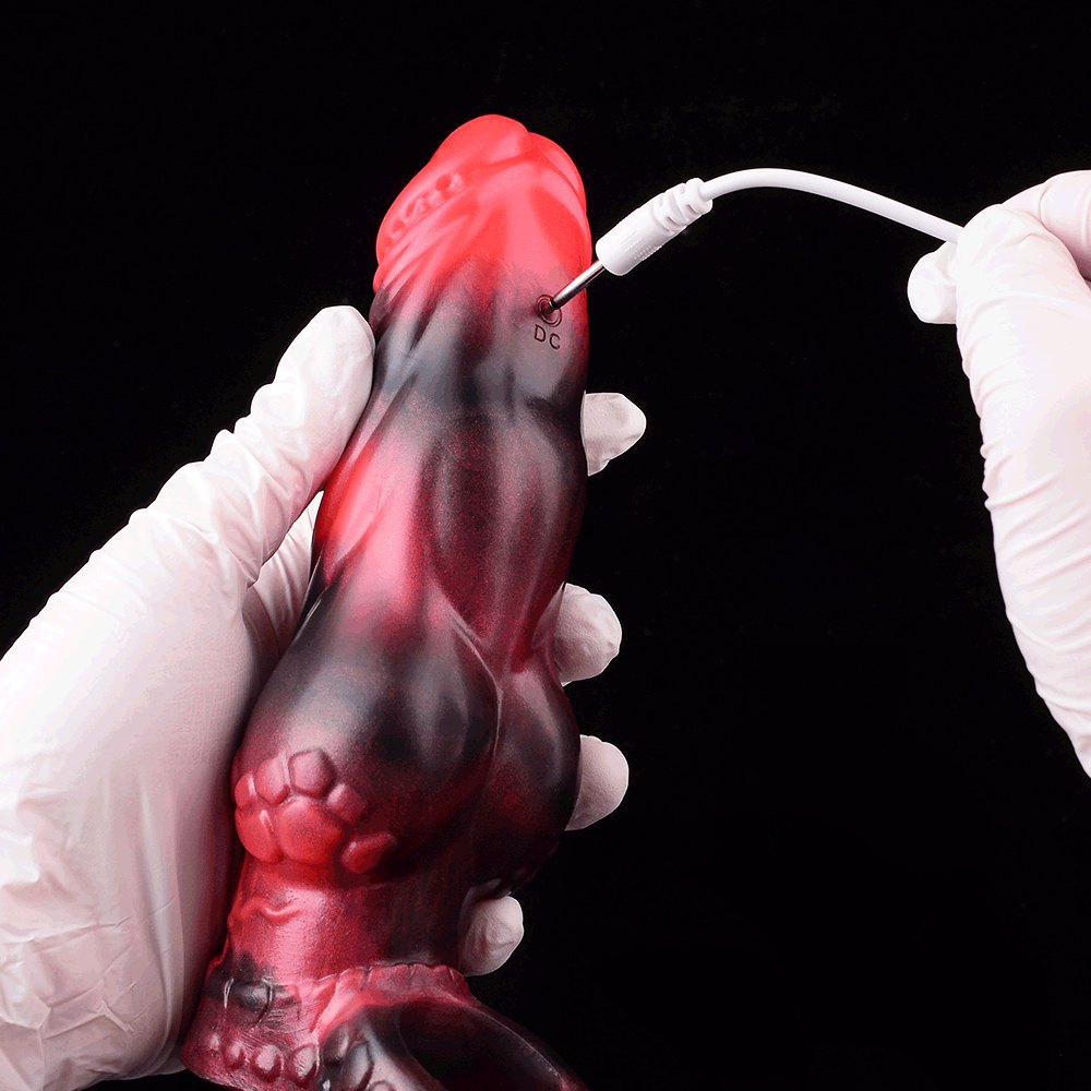 Red and black marbled silicone knot dildo with finger loop, photo 8