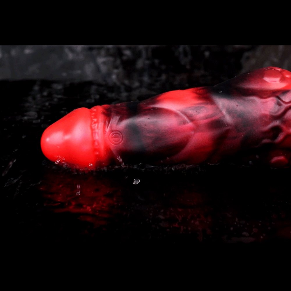 Red and black marbled silicone knot dildo with finger loop, photo 9