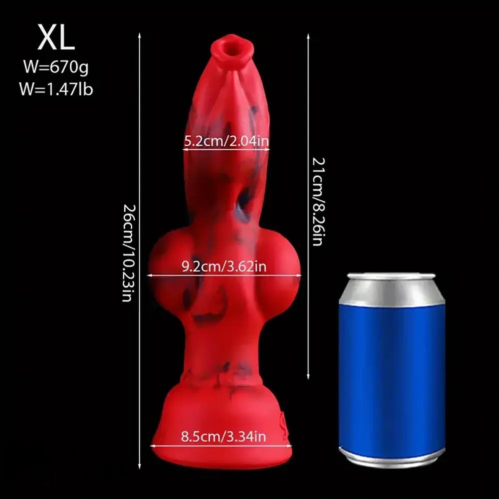 Red and black marbled silicone knot fantasy dildo, photo 11