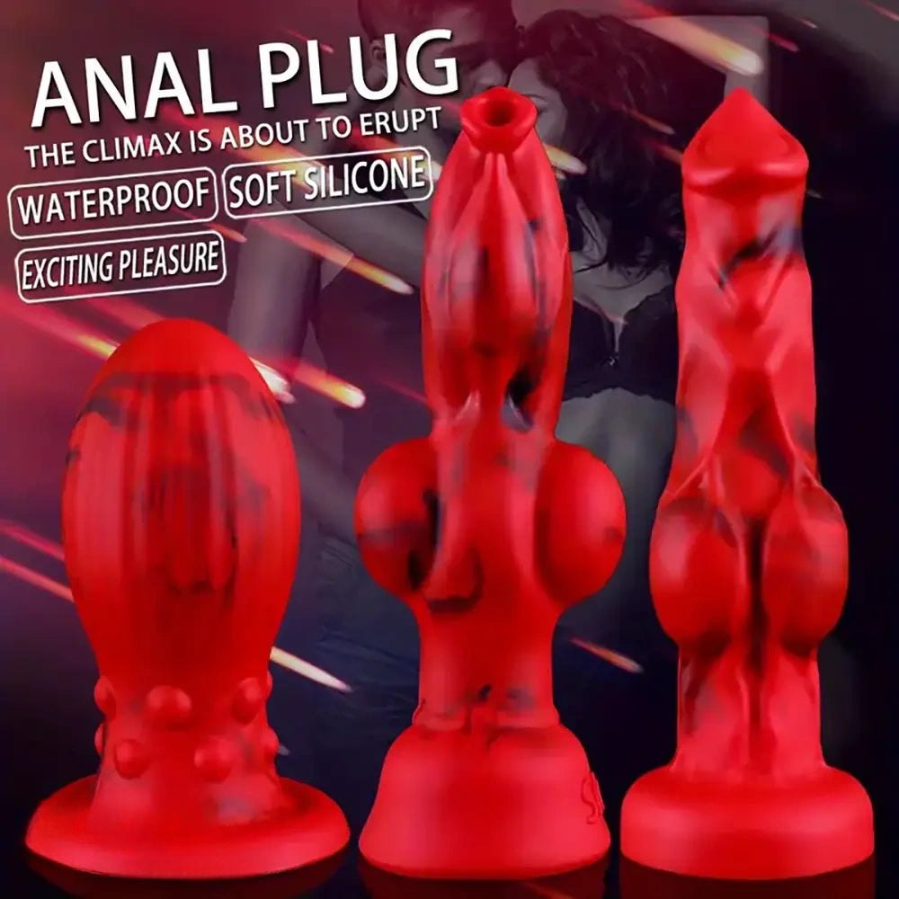 Red and black marbled silicone knot fantasy dildo, photo 13