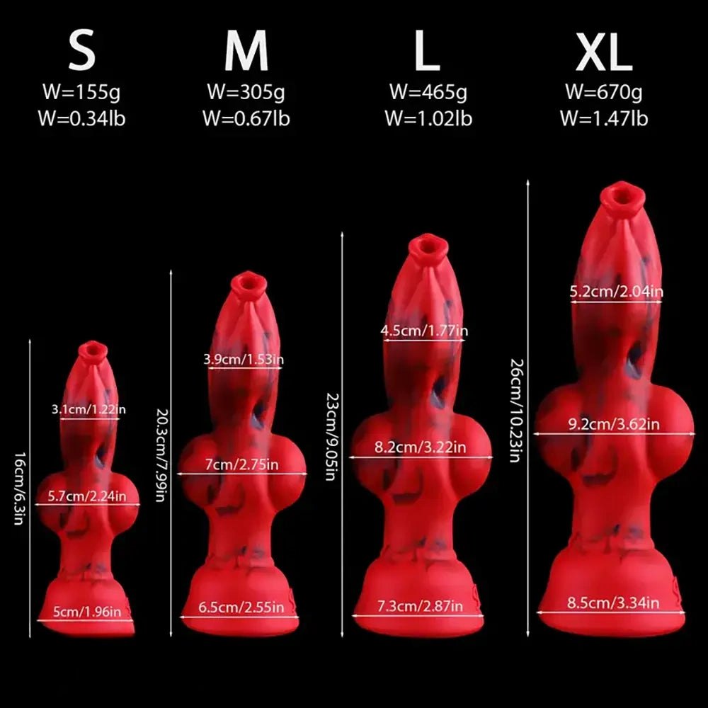 Red and black marbled silicone knot fantasy dildo, photo 2