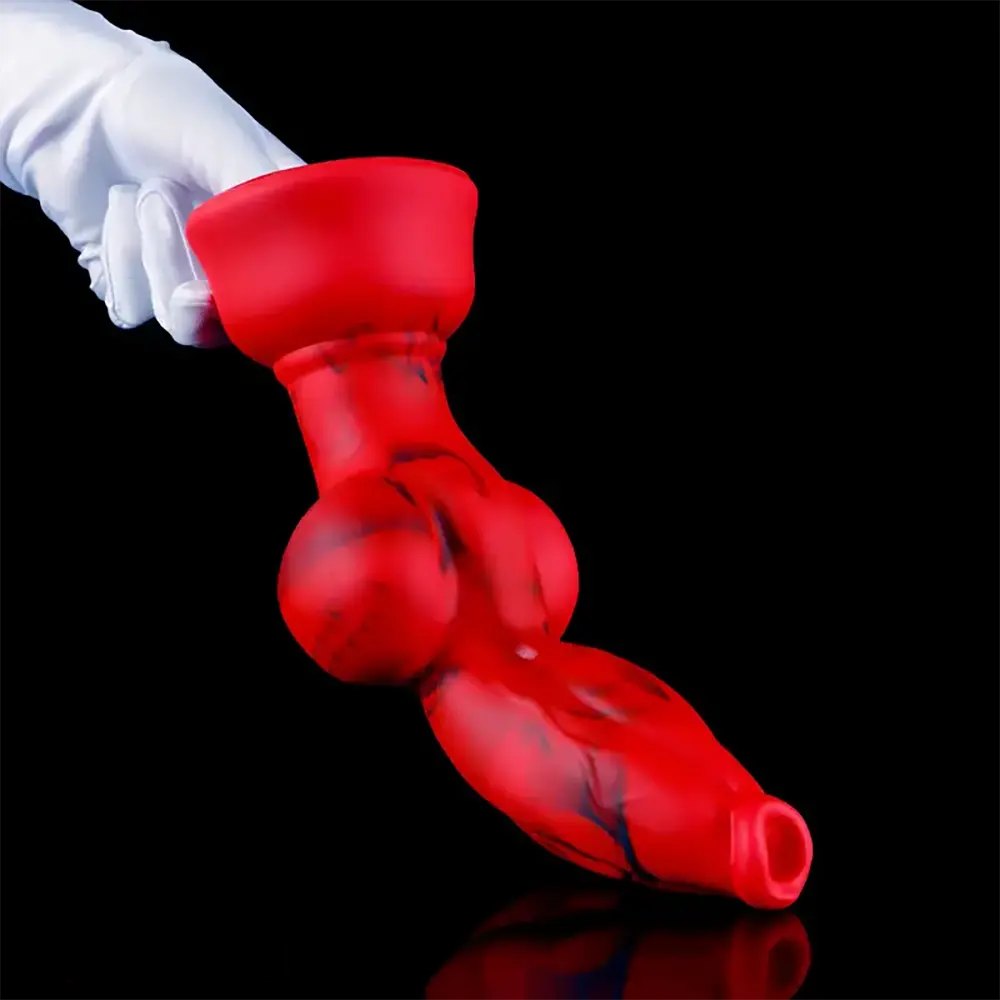 Red and black marbled silicone knot fantasy dildo, photo 3