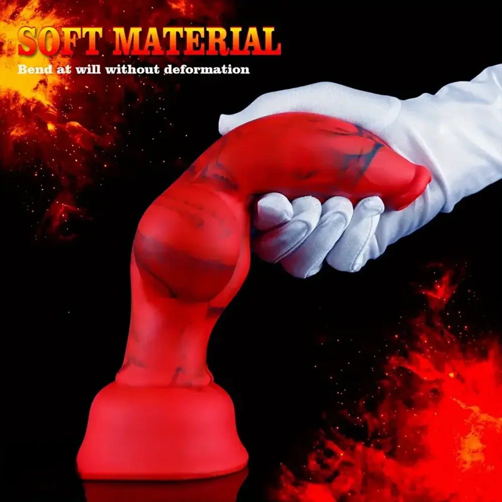 Red and black marbled silicone knot fantasy dildo, photo 4