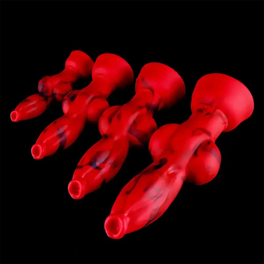 Red and black marbled silicone knot fantasy dildo, photo 5