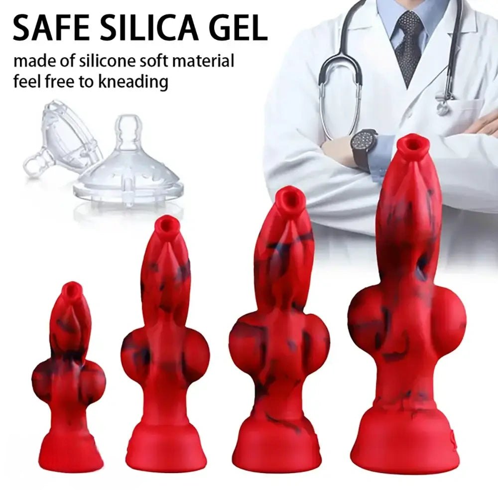 Red and black marbled silicone knot fantasy dildo, photo 6