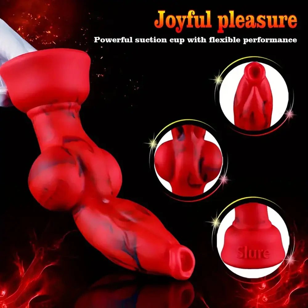 Red and black marbled silicone knot fantasy dildo, photo 7