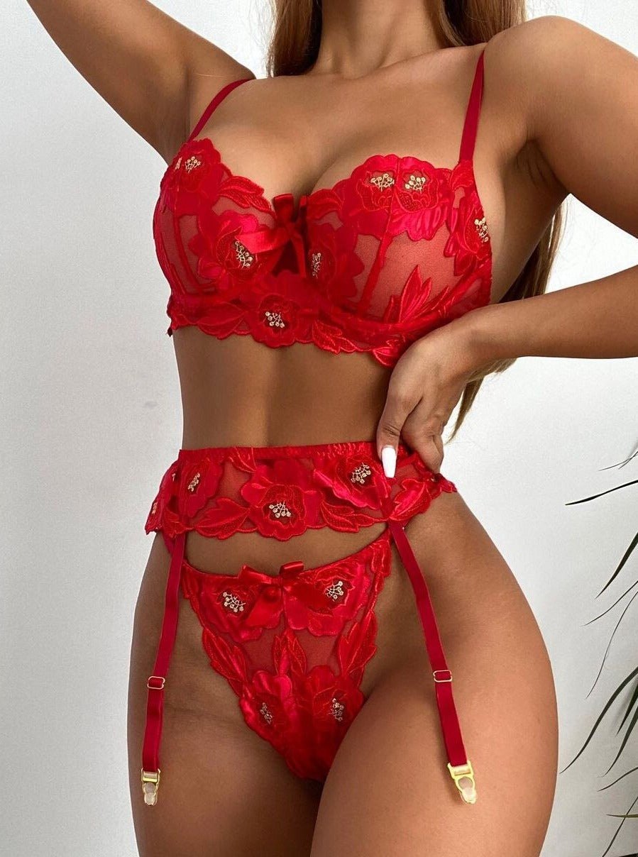 Red red lace sheer bra garter set