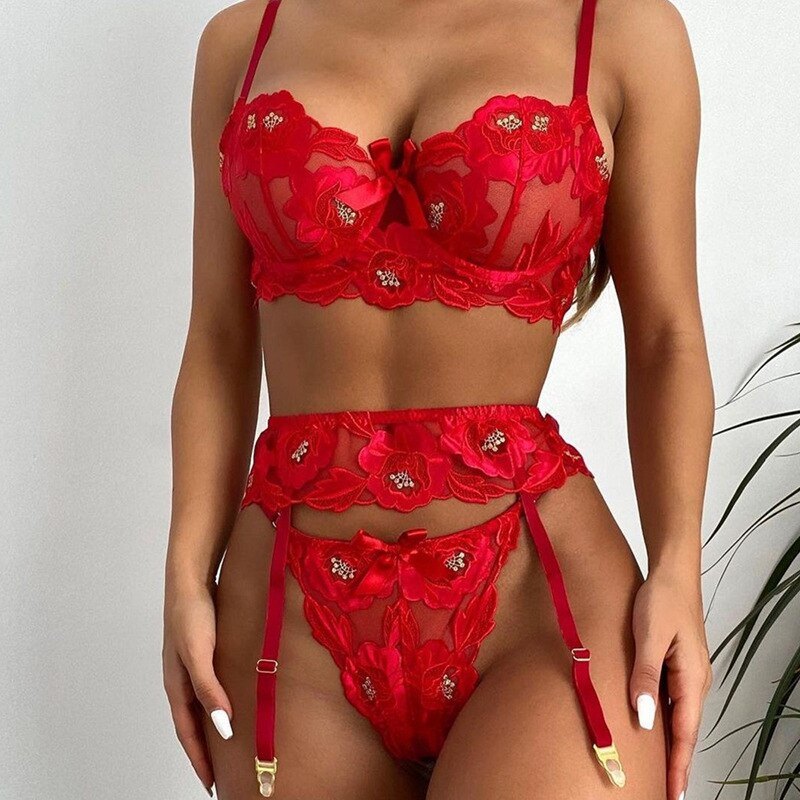 Red lace sheer bra garter set, photo 3
