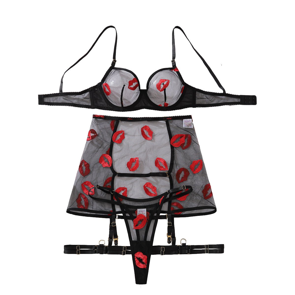 Red lips embroidered mesh garter set, photo 5