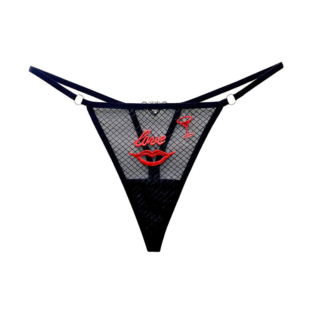 Black red lips embroidery diamond mesh thong