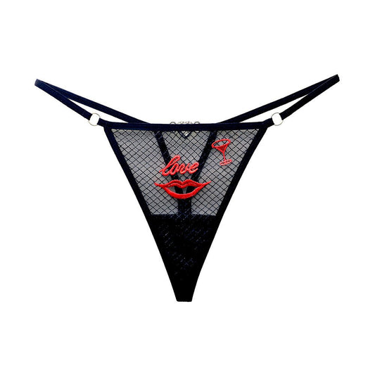 Black red lips embroidery diamond mesh thong