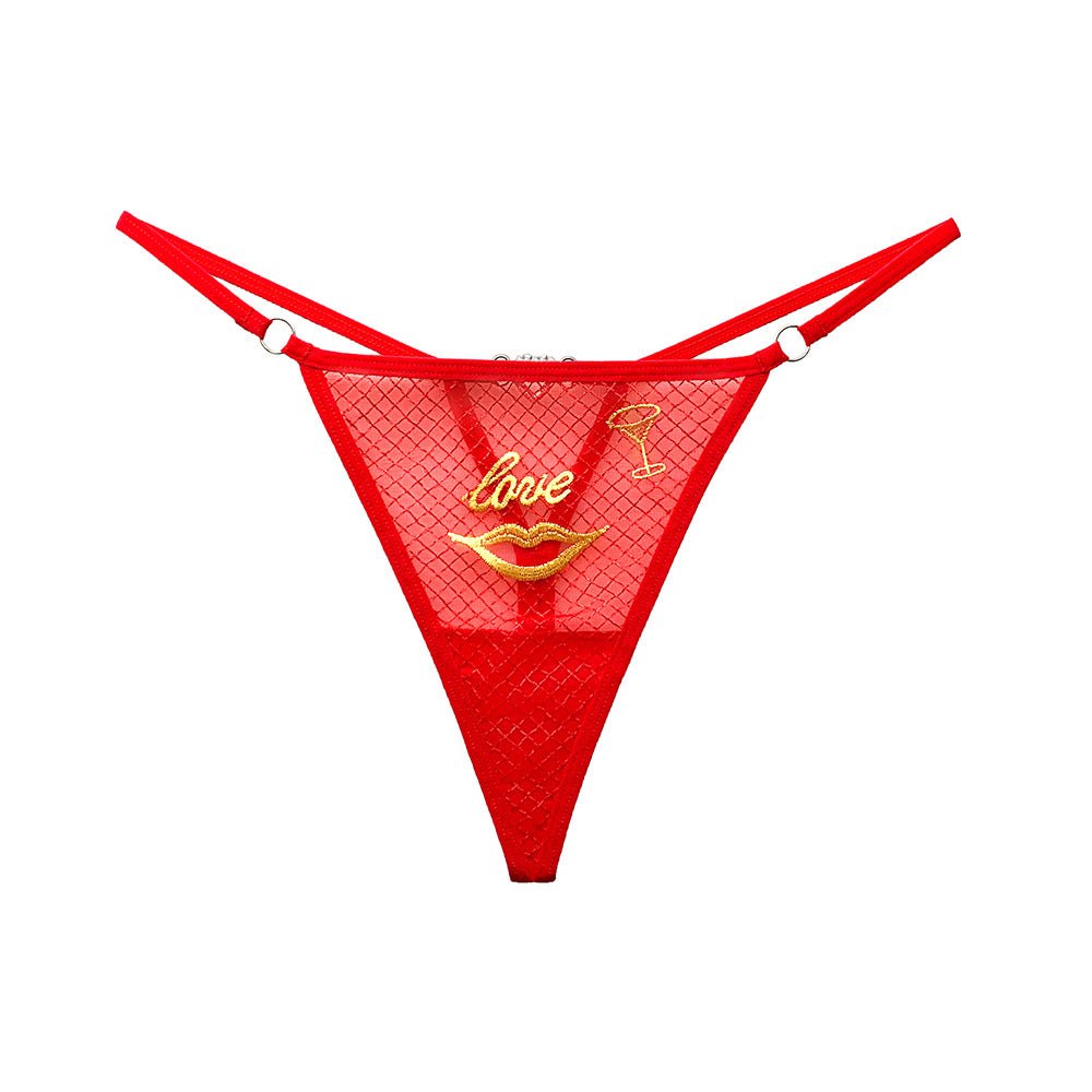 Red red lips embroidery diamond mesh thong