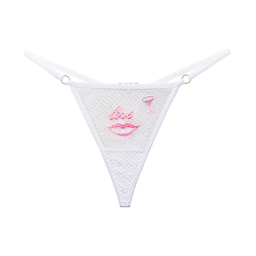 White red lips embroidery diamond mesh thong