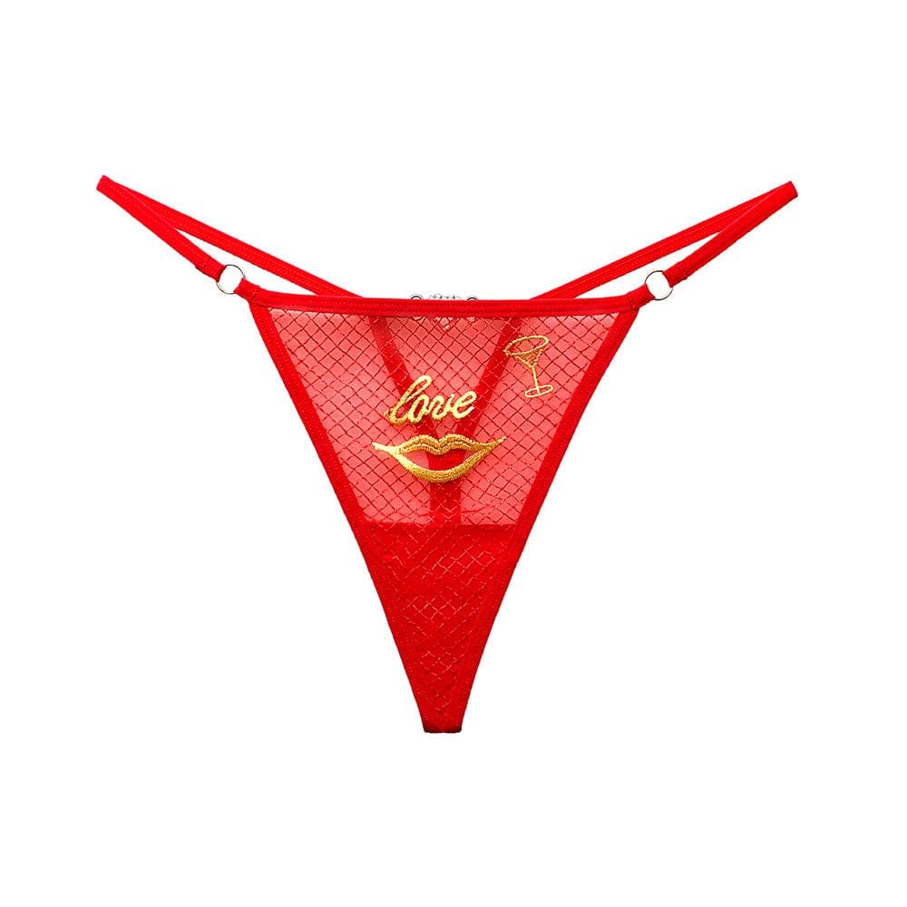 Red lips embroidery rhinestone mesh thong