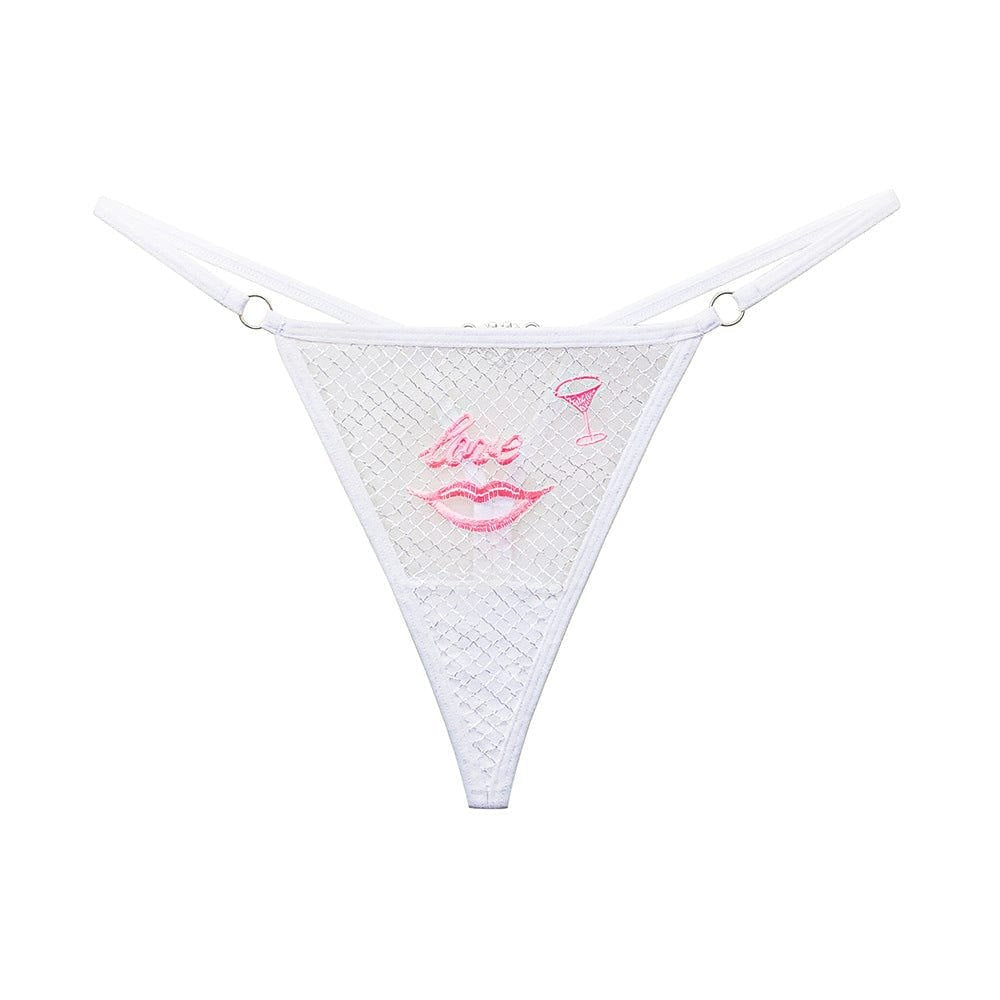 White lips embroidery rhinestone mesh thong