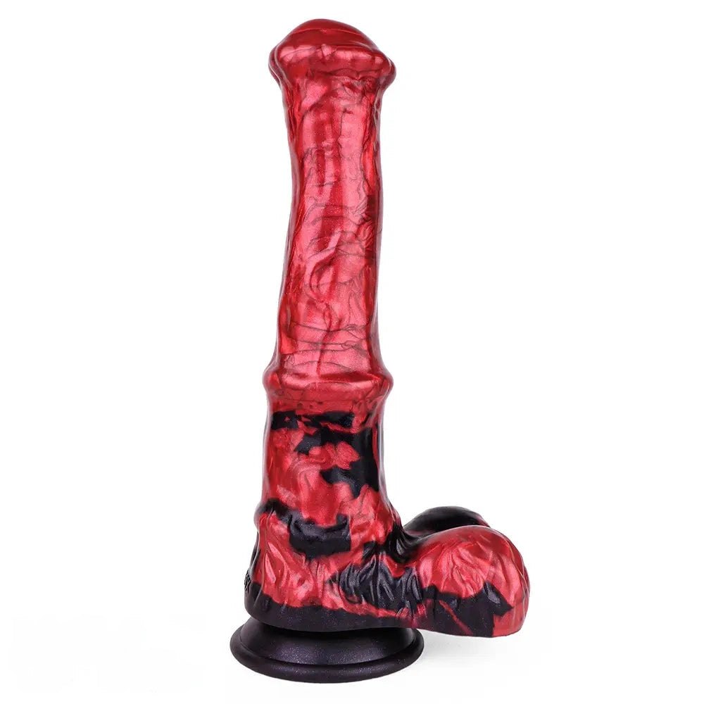 Red and black marbled curved silicone g-spot dildo, photo 1