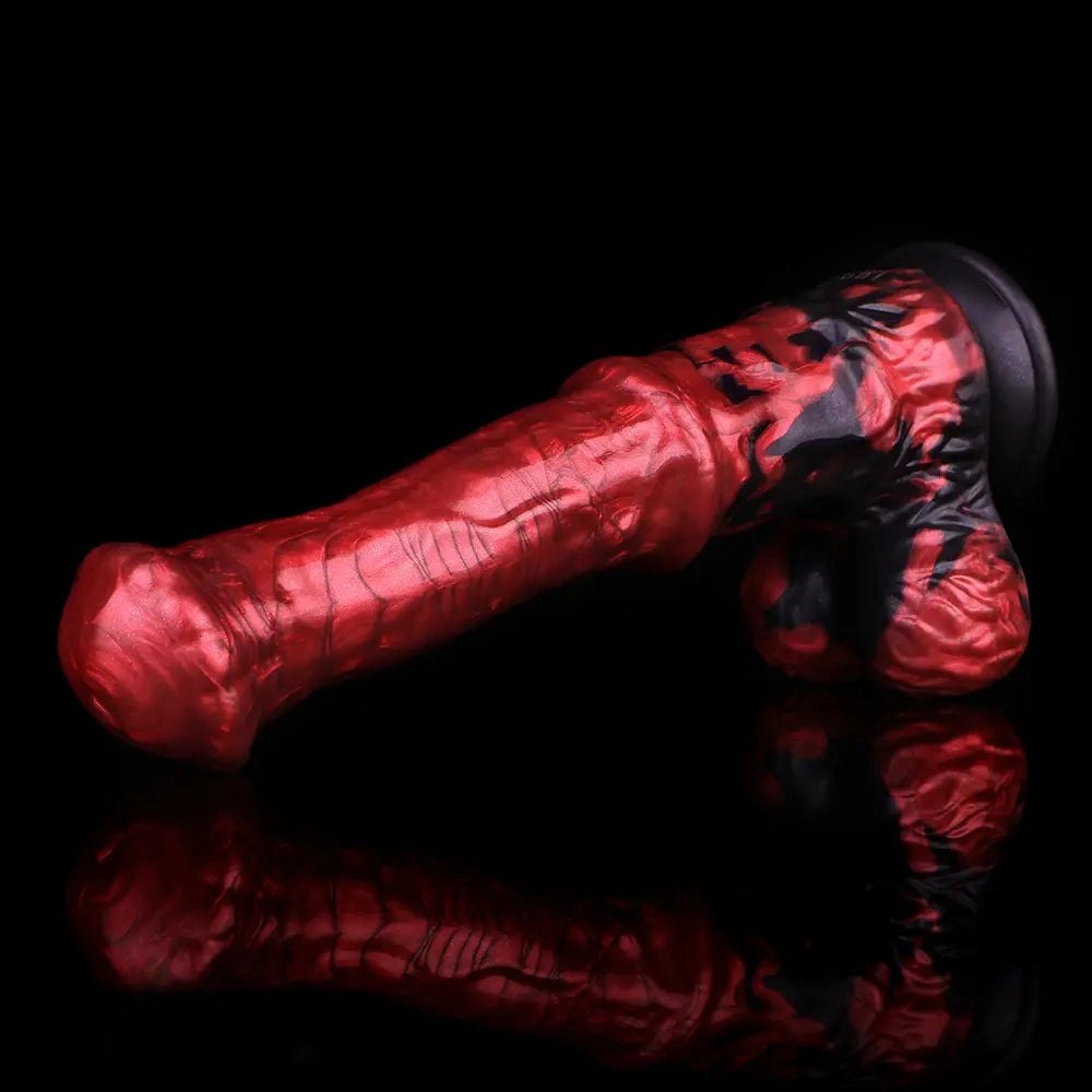 Red and black marbled curved silicone g-spot dildo, photo 10