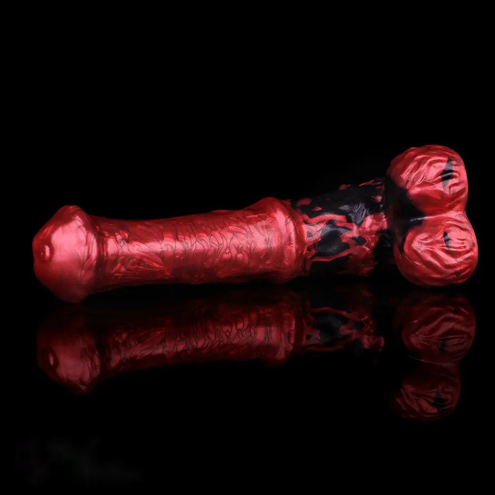 Red and black marbled curved silicone g-spot dildo, photo 11