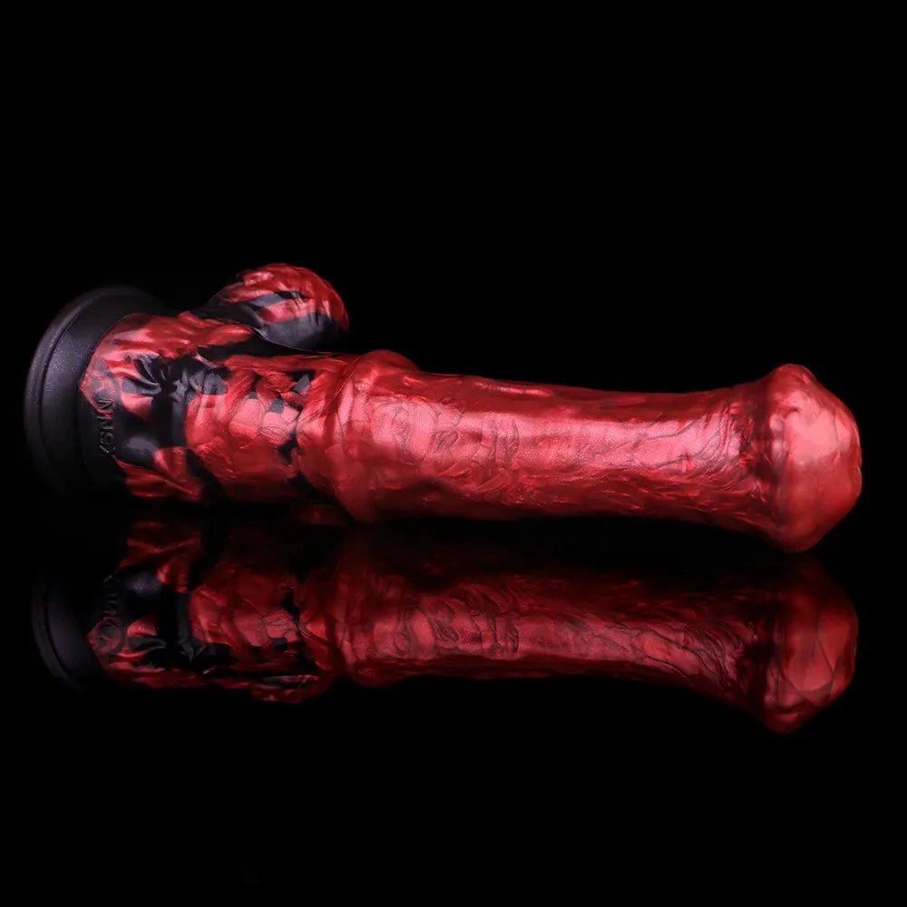 Red and black marbled curved silicone g-spot dildo, photo 13