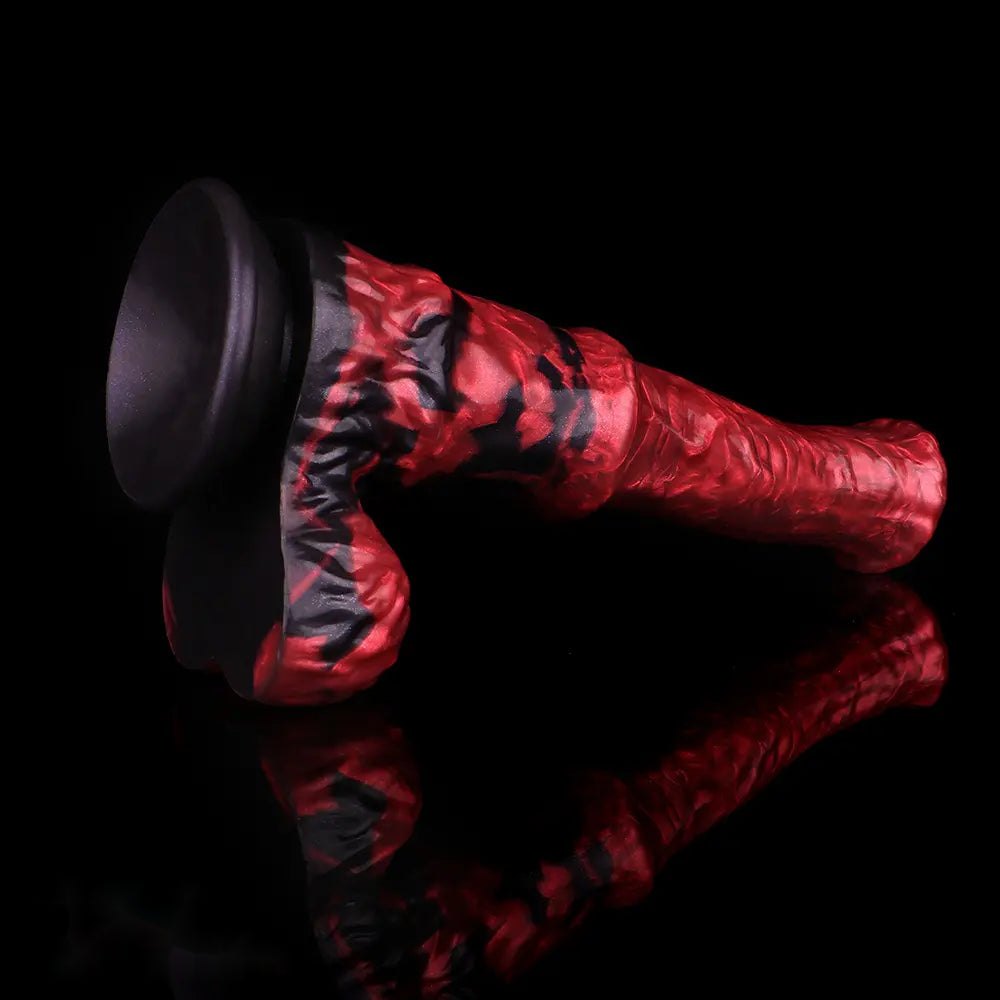 Red and black marbled curved silicone g-spot dildo, photo 14