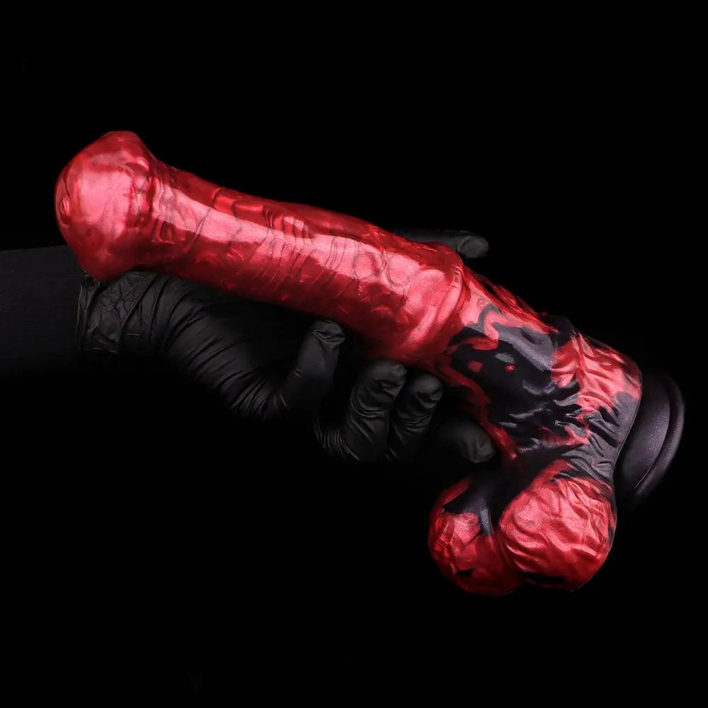 Red and black marbled curved silicone g-spot dildo, photo 15