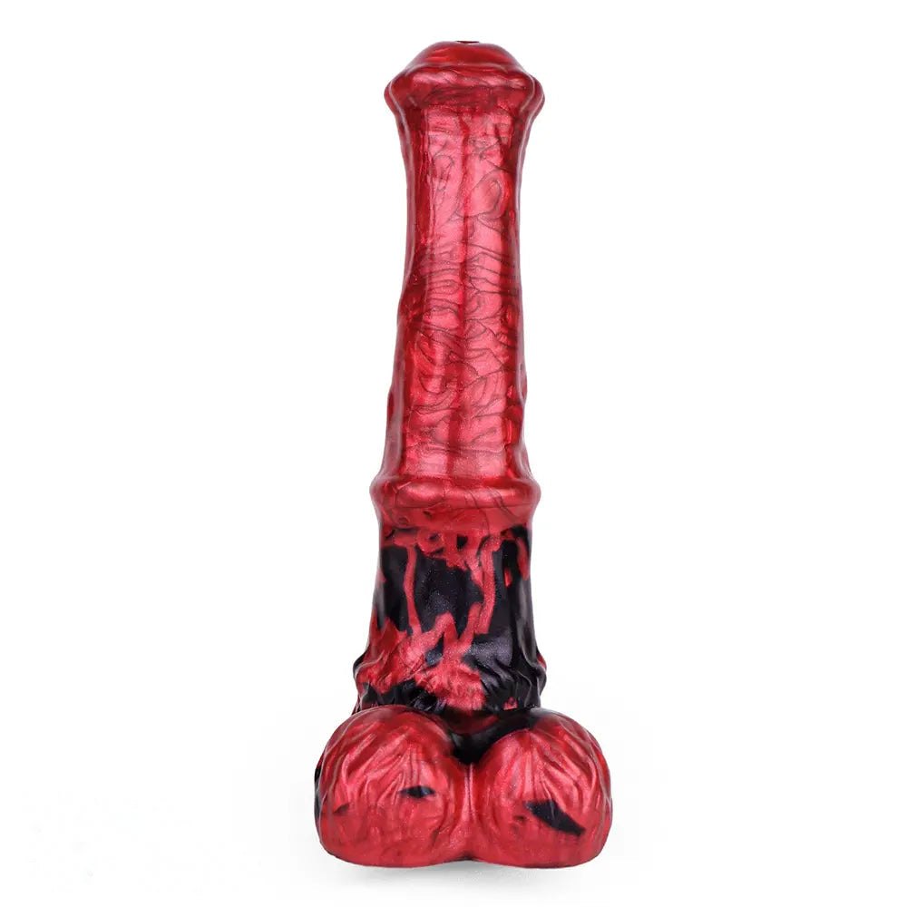 Red and black marbled curved silicone g-spot dildo, photo 3