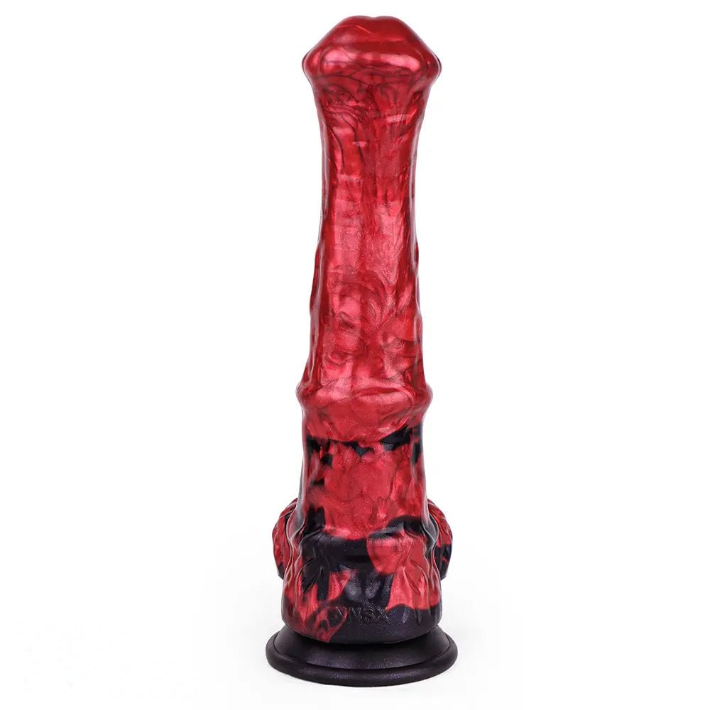 Red and black marbled curved silicone g-spot dildo, photo 4