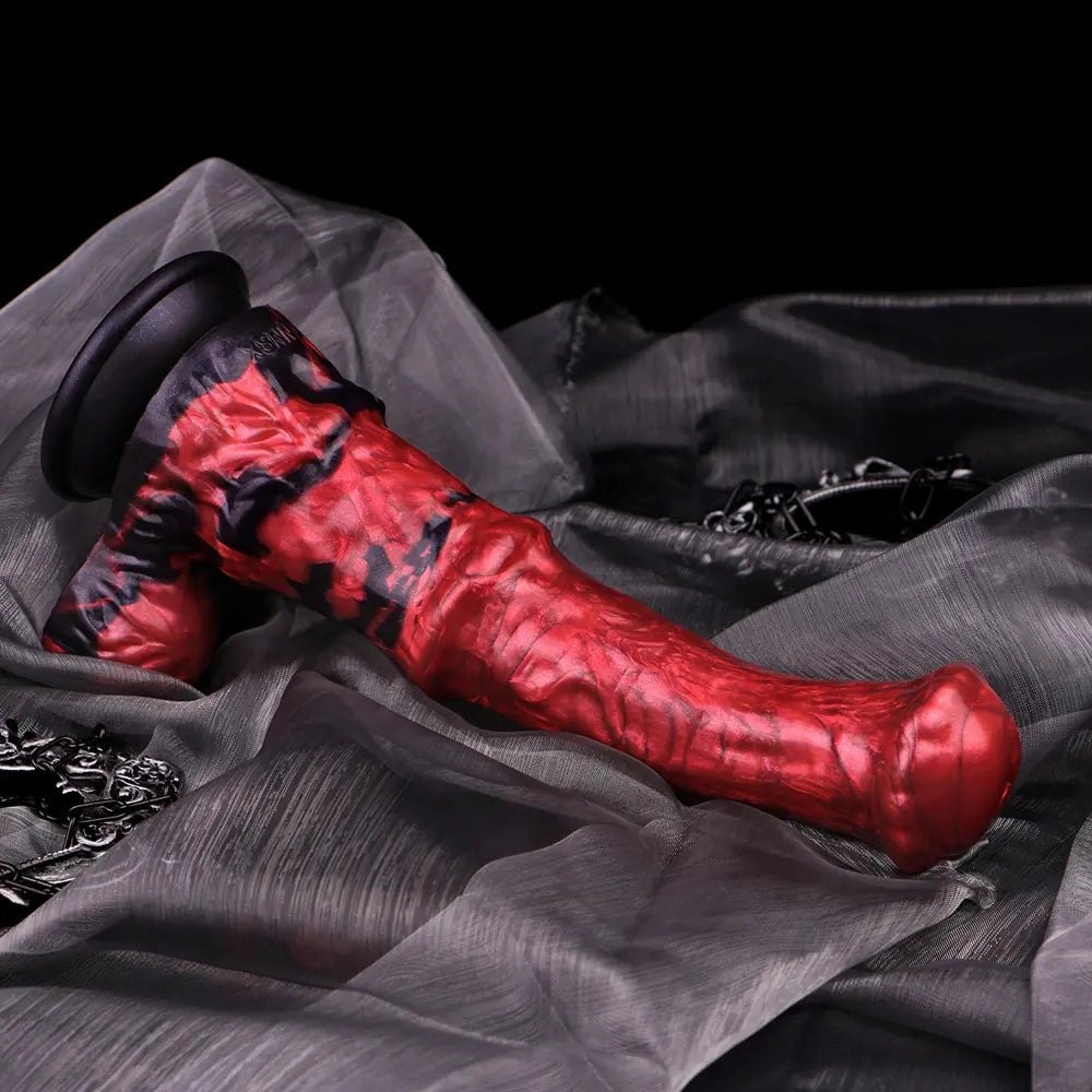 Red and black marbled curved silicone g-spot dildo, photo 5