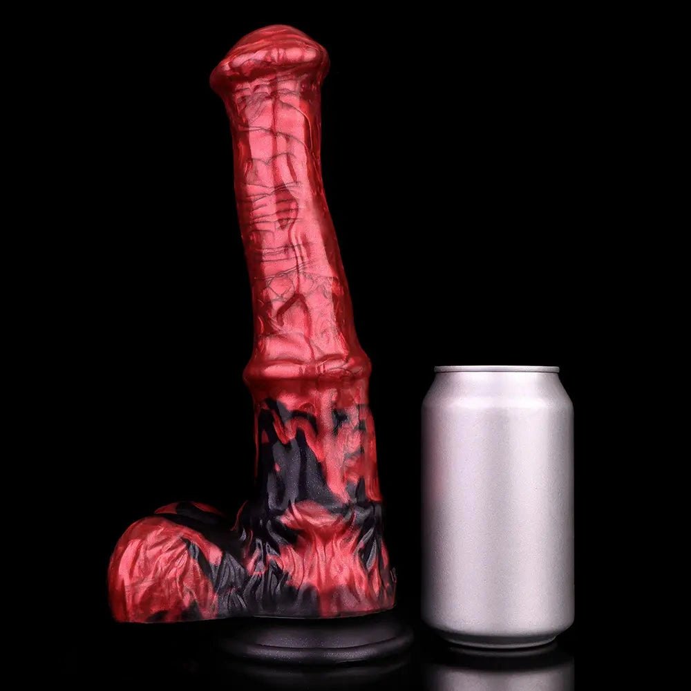 Red and black marbled curved silicone g-spot dildo, photo 6