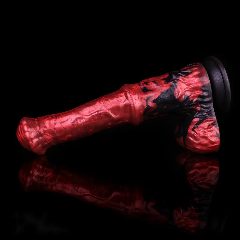 Red and black marbled curved silicone g-spot dildo, photo 9