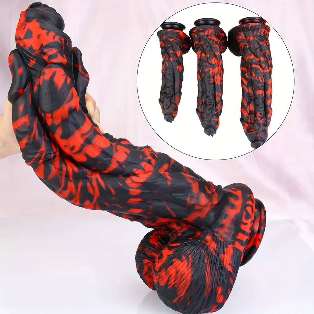 Red and black marbled realistic dildo, photo 1