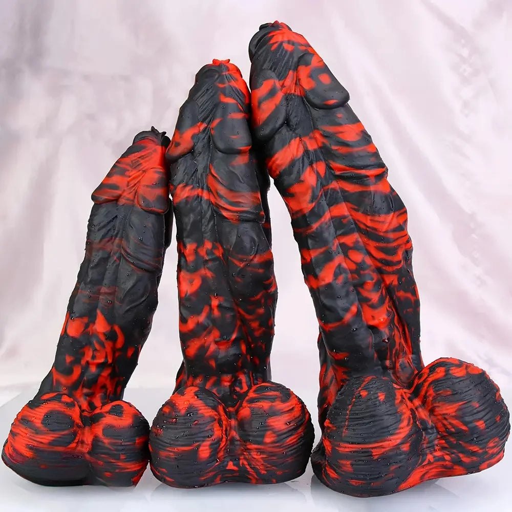 Red and black marbled realistic dildo, photo 2