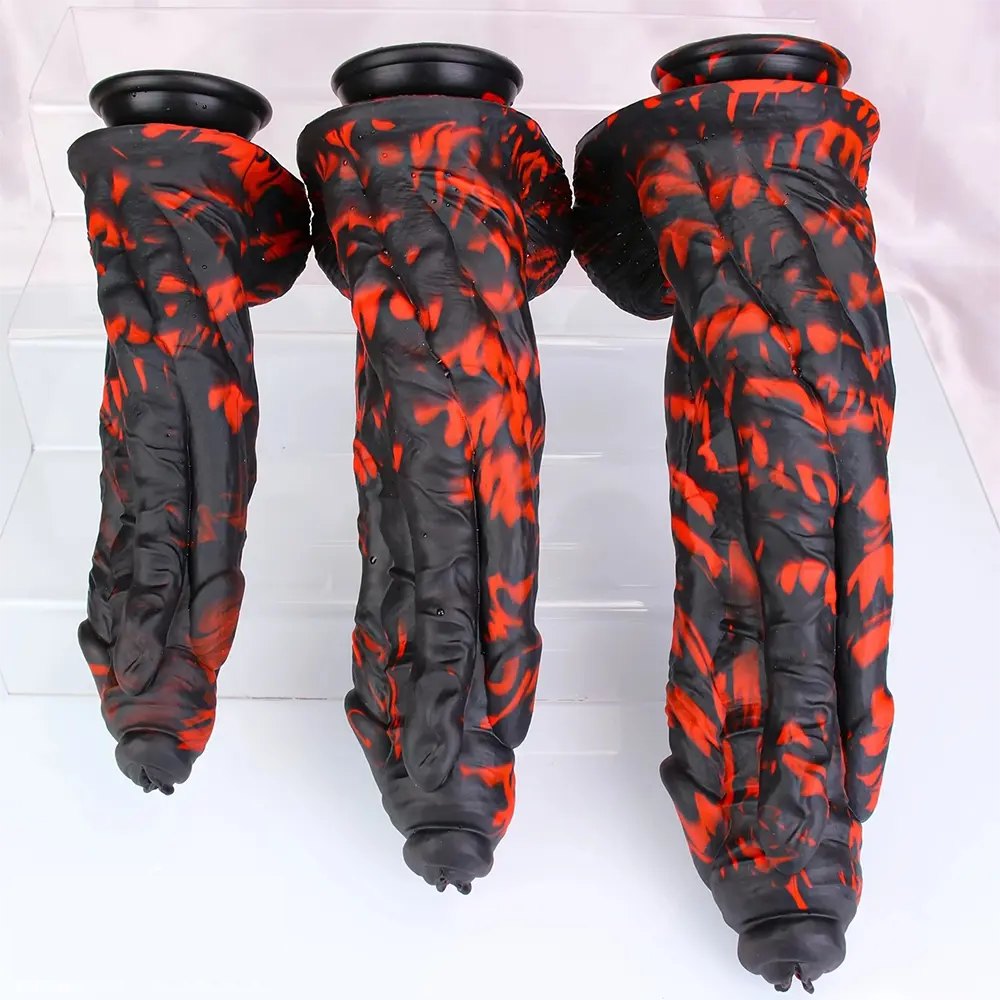 Red and black marbled realistic dildo, photo 3