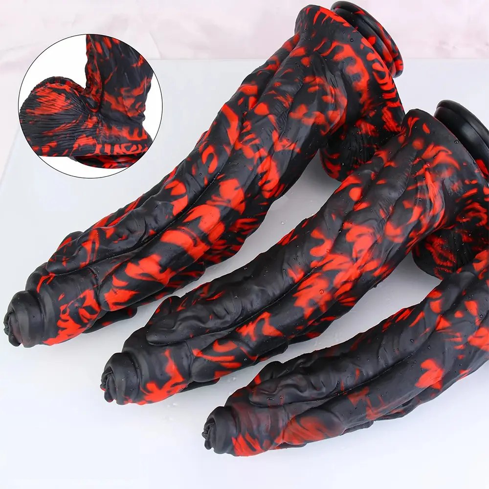 Red and black marbled realistic dildo, photo 4